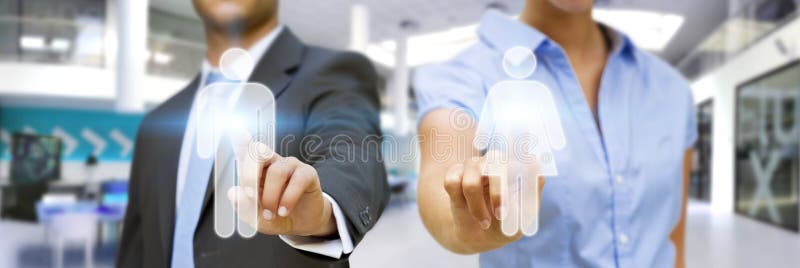 Man and woman using digital interface