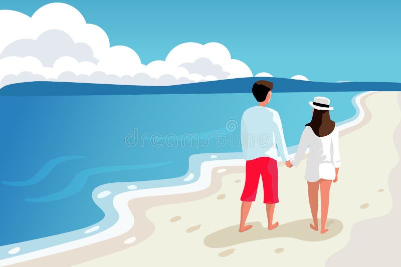 Young couple man and woman walking on the beach hold hands vector illustration Beach scene on sea vacation resort summer holidays Maldives