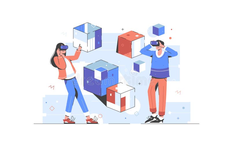 A Man and Woman Wearing Virtual Reality Headsets Vector Illustration