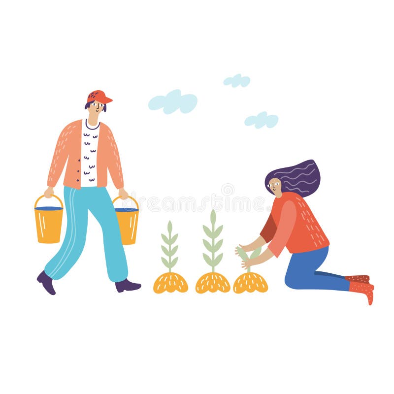 Man and Woman Works in the Garden Vector Illustration Stock Vector ...