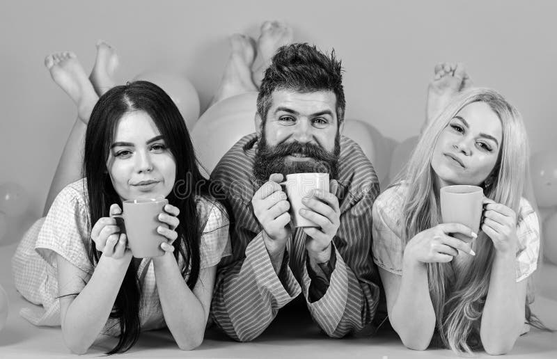 Man And Women Friends On Sleepy Faces Lay Pink Background Lovers 