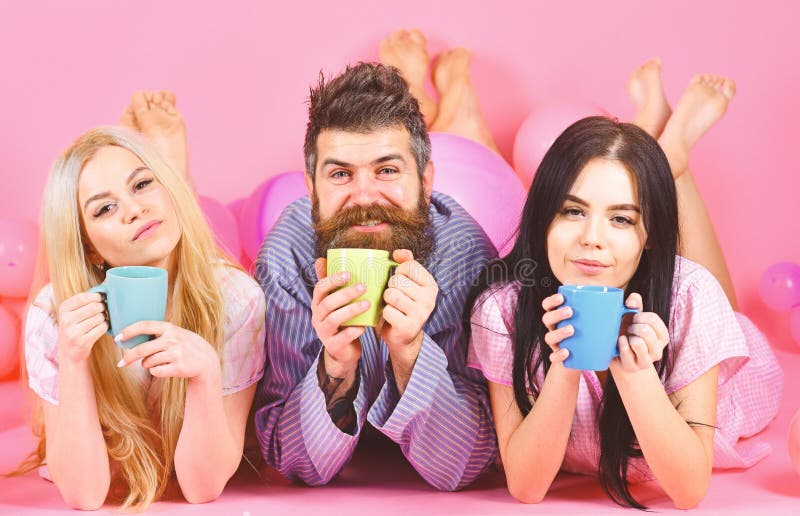 Man And Women Friends On Sleepy Faces Lay Pink Background Lovers