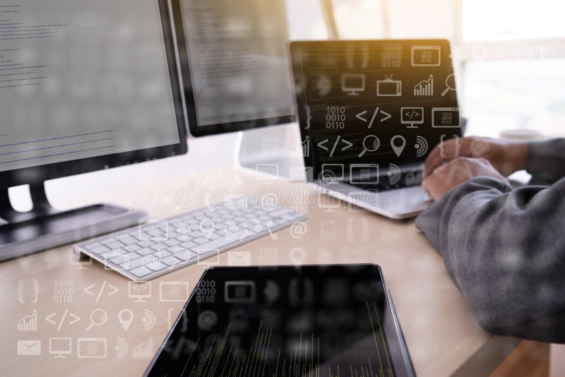 Man work Coding software developer programmer is coding on a desktop computer. Program coding working stock images, royalty-free photos and pictures