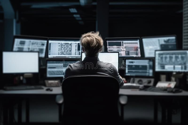 Man Work With Video Editor Works Behind Multiple Monitors Generative Ai Man Work With Video Editor Works Behind Multiple Monitors Generative Ai