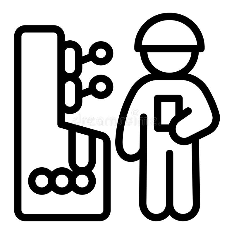 Man, worker at control panel with levers line icon, manufacturing concept, factory operator sign on white background royalty free illustration