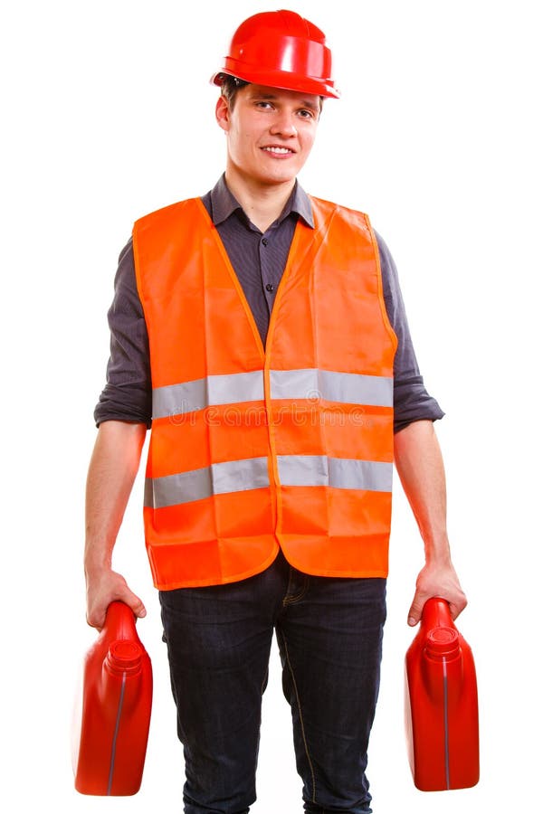 Man worker in safety vest hard hat with canisters royalty free stock photo Man worker in safety vest hard hat with canisters royalty free stock photo