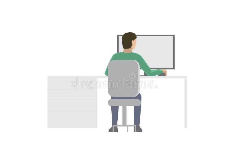 Man working on computer. Flat design illustration. Programmer, web designer, HTML coder, illustrator