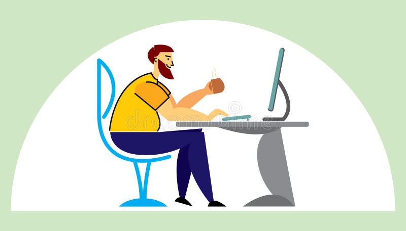Man working computer at home office creative style character stock illustration