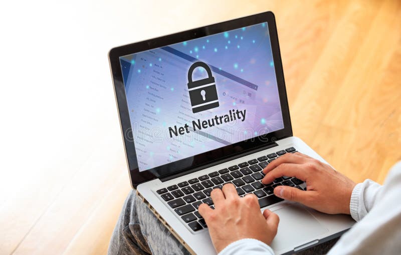 Man working with a computer, net neutrality text and a lock on the screen, copy space