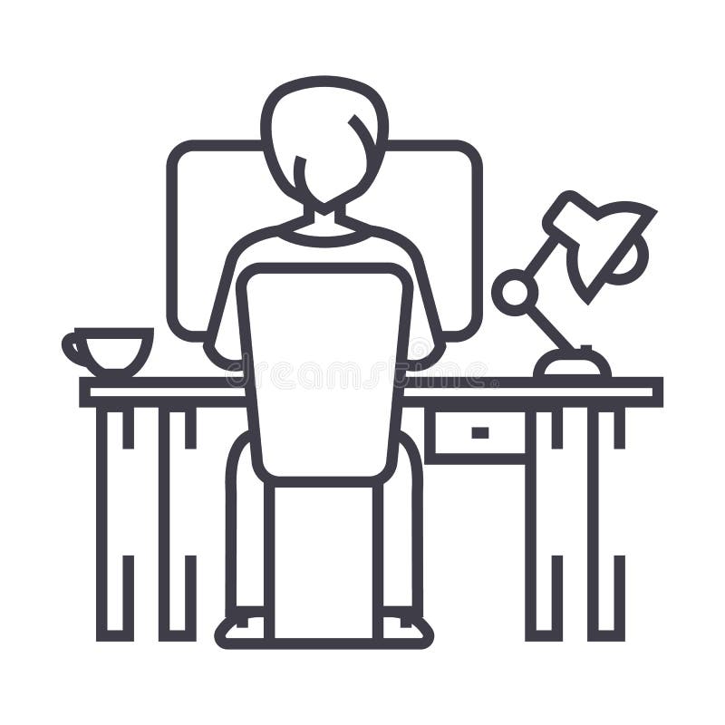 Man working on computer on table, sitting back vector line icon, sign, illustration on background, editable strokes vector illustration Man working on computer on table, sitting back vector line icon, sign, illustration on background, editable strokes vector illustration