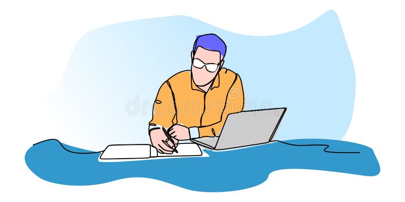 Businessman writing in a note book and working in front of laptop computer. Simple line drawing royalty free illustration