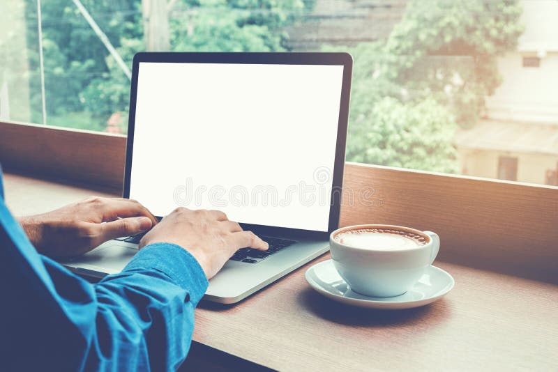 Man Working Laptop with blank screen Connecting Networking Concept in Coffee Shop