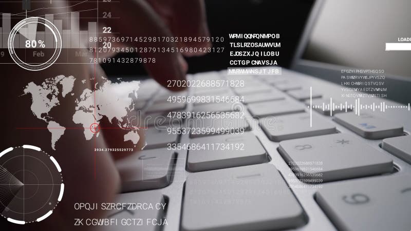 Man working on laptop computer keyboard with graphic user interface GUI hologram vector illustration