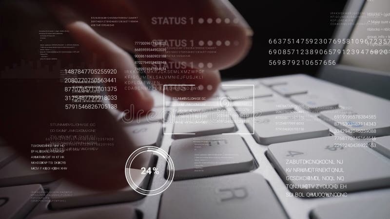 Man working on laptop computer keyboard with graphic user interface GUI hologram vector illustration