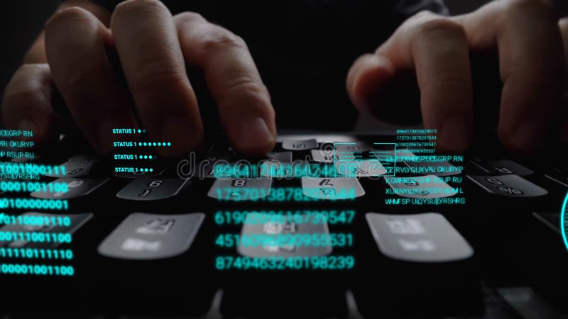 Man working on laptop computer keyboard with graphic user interface GUI hologram royalty free illustration
