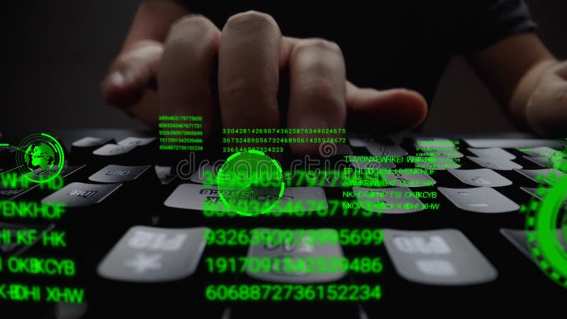 Man working on laptop computer keyboard with graphic user interface GUI hologram stock illustration
