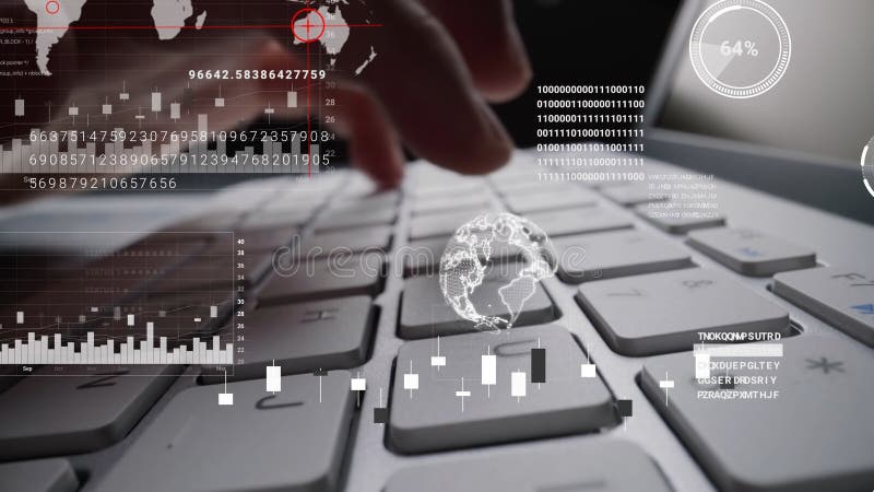 Man working on laptop computer keyboard with graphic user interface GUI hologram royalty free illustration
