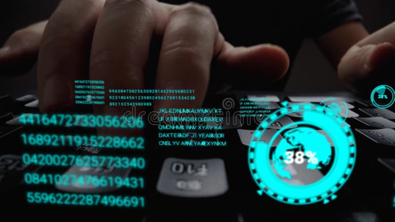 Man working on laptop computer keyboard with graphic user interface GUI hologram stock illustration