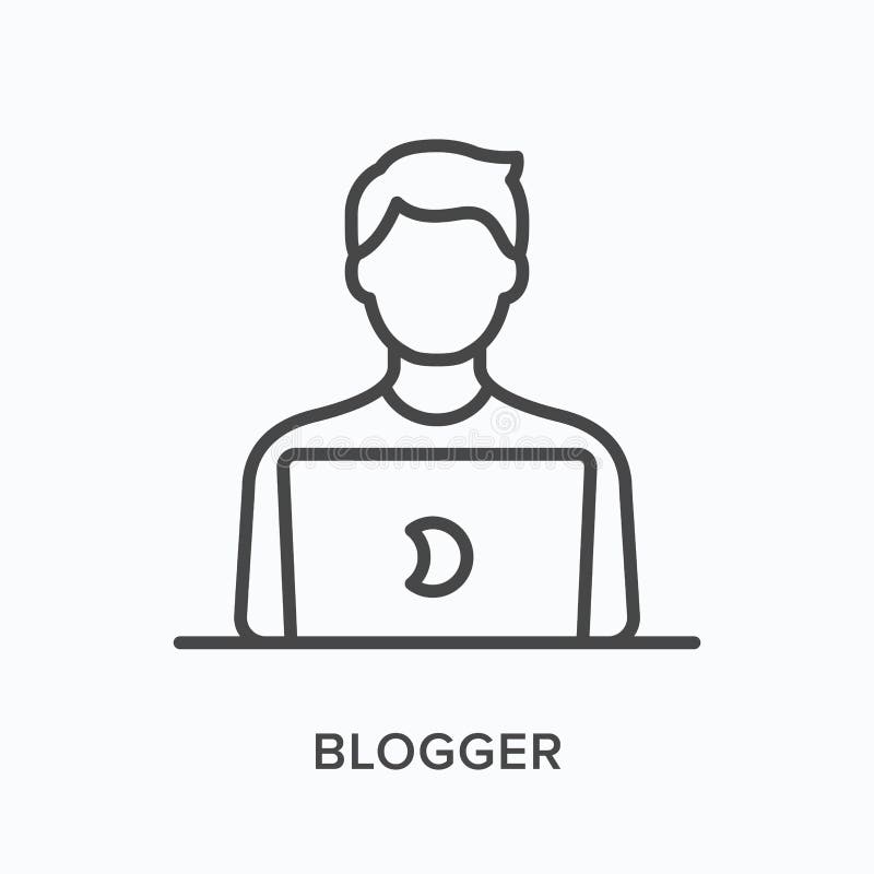 Man working on laptop flat line icon. Vector outline illustration of person using computer for distant work. Blogger stock illustration
