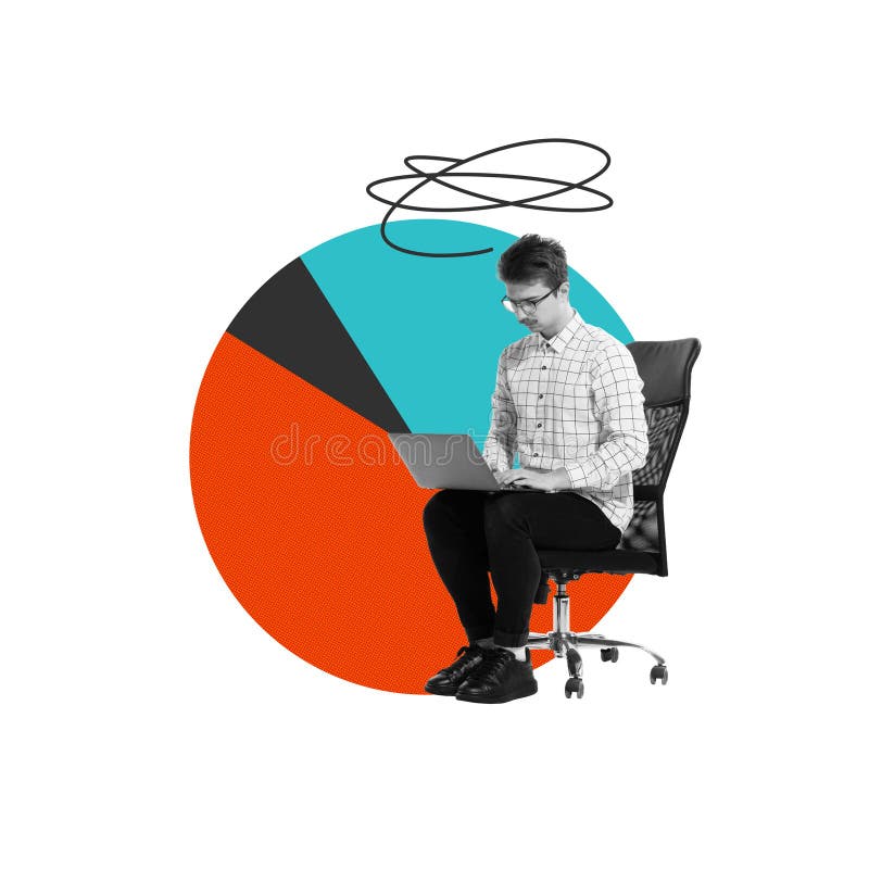 Man, employee working on laptop with pie chart behind. Focus on data analysis and performance metrics. Conceptual design stock photography