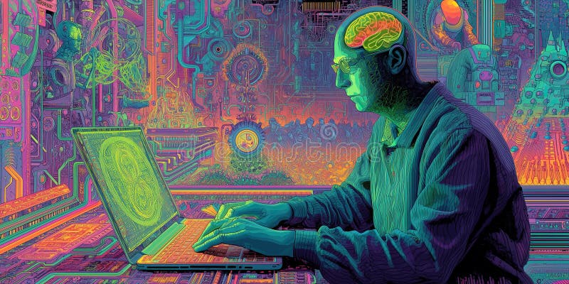 Man working on laptop in vibrant, futuristic setting, with glowing brain illustration stock illustration