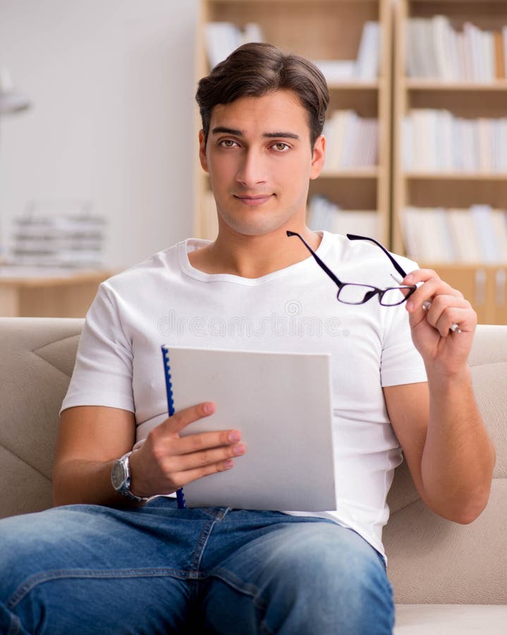 Man Working Sitting in Couch Sofa Stock Image Image of handsome