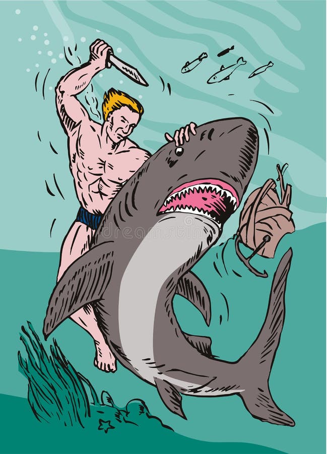 Vector art of a Man wrestling with shark underwater