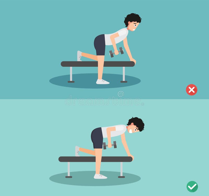 Man wrong and right one arm dumbbell row posture