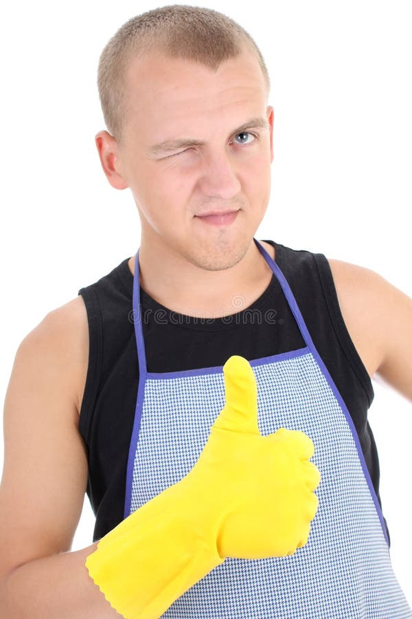 Man in Yellow Gloves Posing with Cleaning Supplies Stock Photo Image