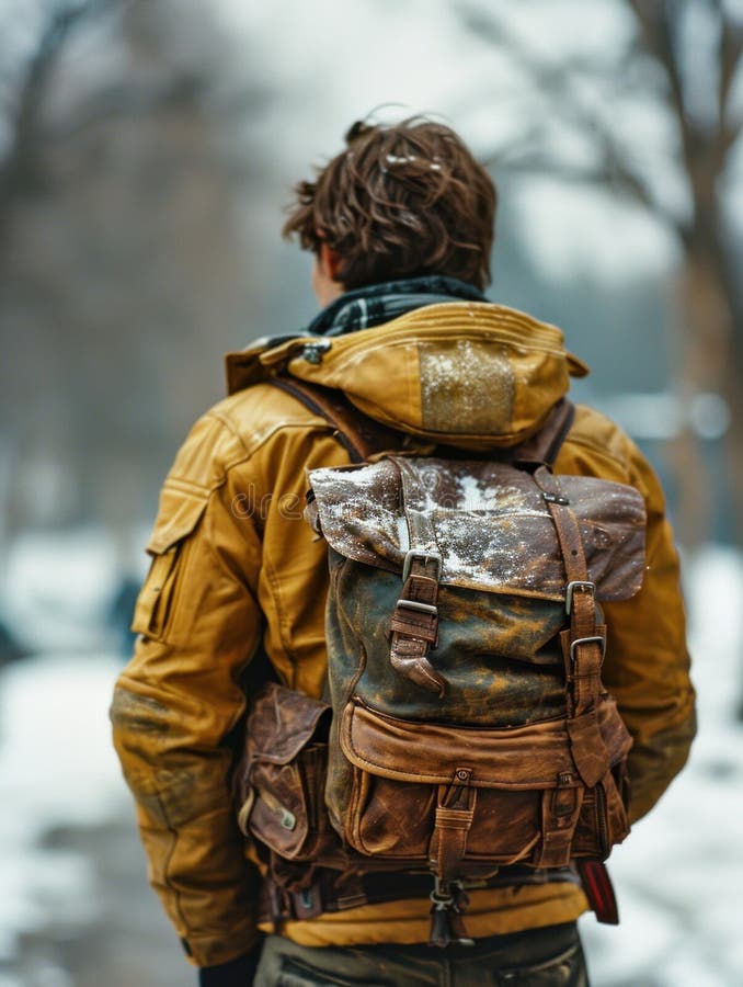 A Man in Yellow Jacket with Backpack Standing on Sidewalk, AI Stock