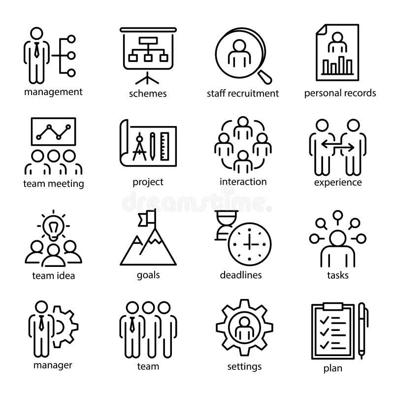 Management vector linear or outline isolated icons set stock illustration