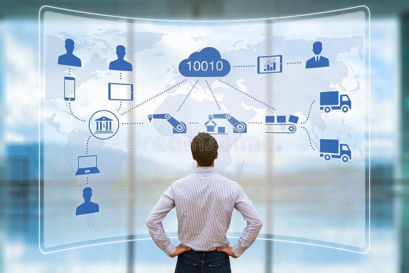 Manager with AR smart factory, industry, automated manufacturing, cloud computing stock illustration