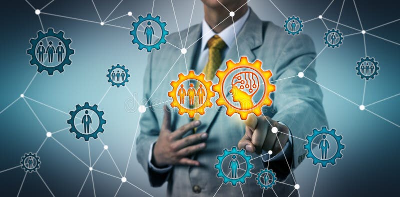 Manager Connecting With Work Team Via AI On Cog. Unrecognizable manager connecting with work team via AI app on cog wheel. Technology concept for artificial intelligence, social or P2P network, marketing, communication, recruitment, HR management