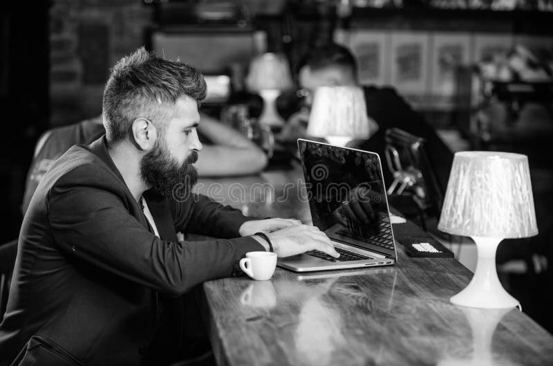 Manager Create Post Enjoy Coffee. Hipster Freelancer Work Online
