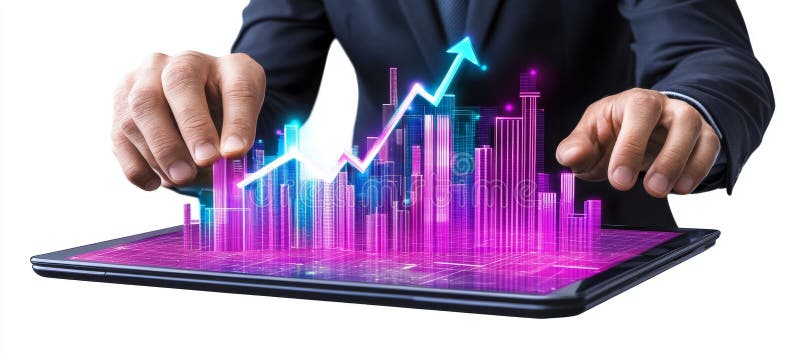 Manager in Dark Suit Analyzing Futuristic Device with Upward Trend Graph for Business Success stock illustration