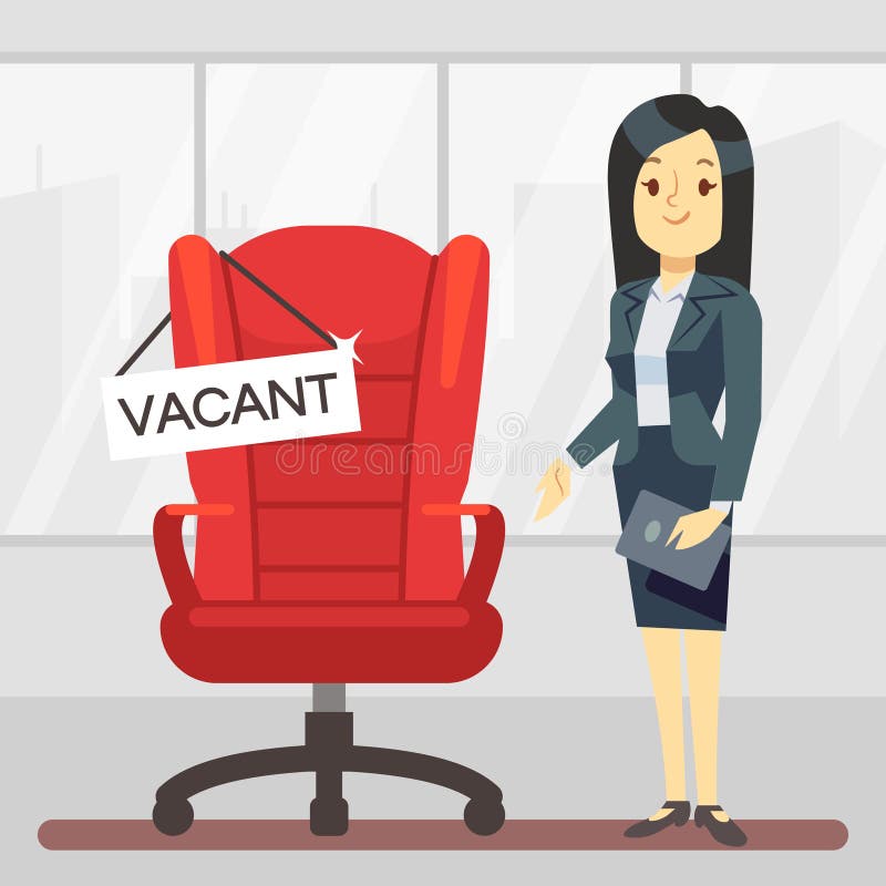 Manager de desene animate drăguț și scaun șef gol. conceptul de post vacant și de angajare a posturilor vector illustration