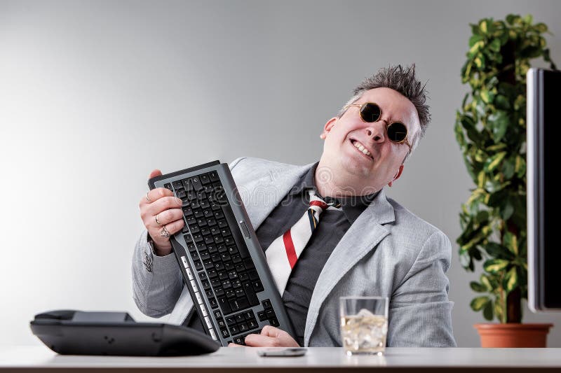 Manager hiding alcoholism feigning courage at office. Alcoholism royalty free stock images