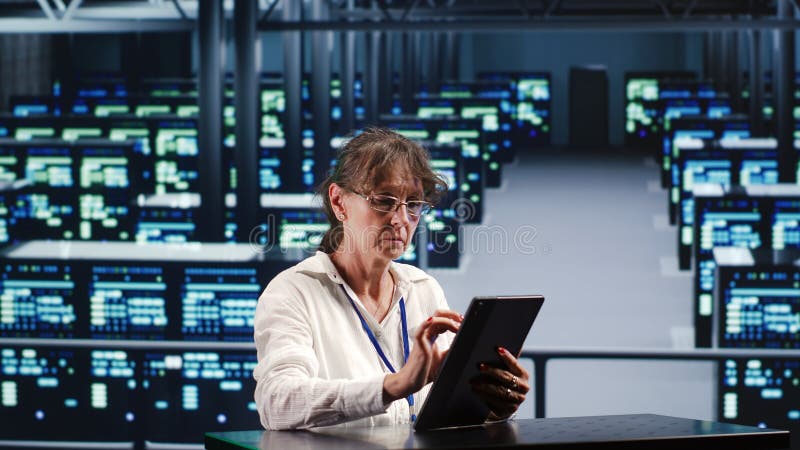 Manager with tablet fixing servers royalty free stock photo