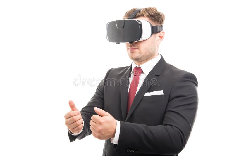Manager wearing vr goggles gesturing something stock photos