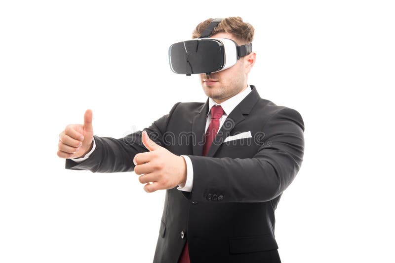 Manager wearing vr goggles gesturing something stock photos