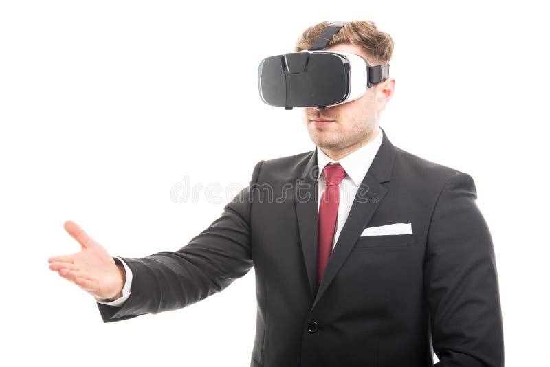 Manager wearing vr goggles offering hand shake stock image