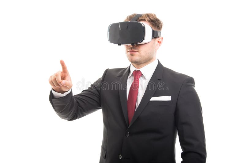 Manager wearing vr goggles using touchscreen royalty free stock photo