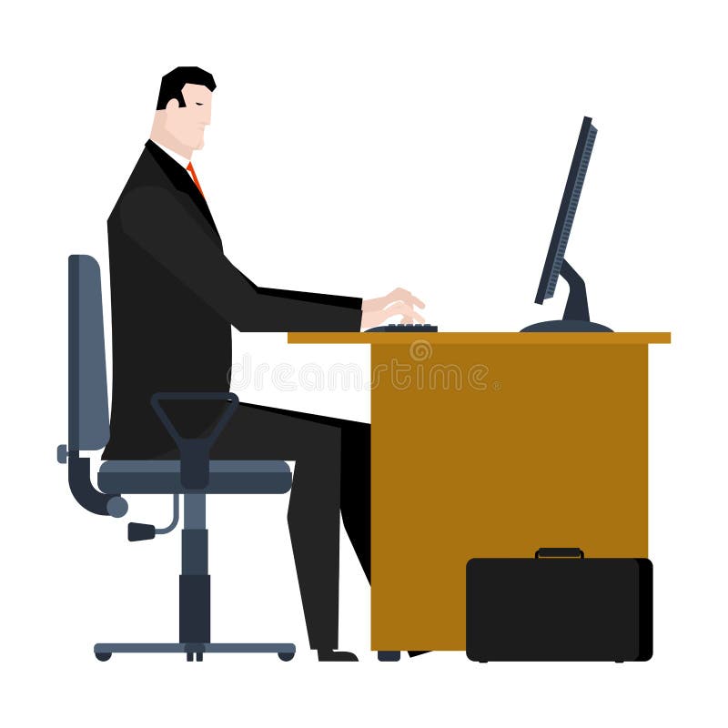 Manager working on computer. Businessman sitting at table. Office Workplace royalty free illustration