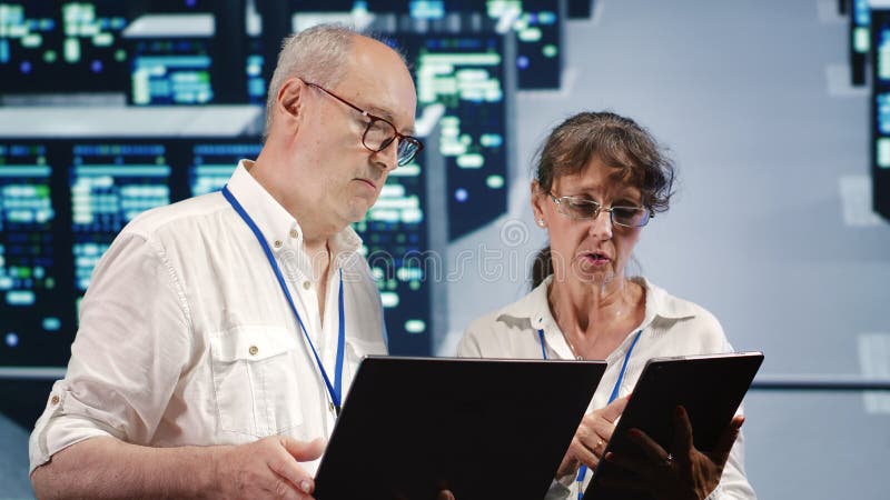 Managers crosschecking server units royalty free stock photography