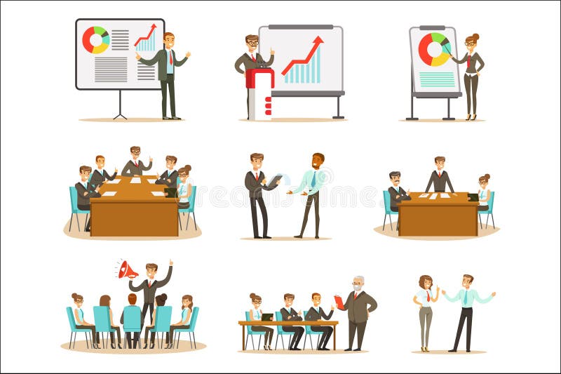 Managers en Beambten op Bedrijfs Opleidingsklasse, die Marketing en Bedrijfseconomie Vaardigheden ontwikkelen en vector illustratie Managers en Beambten op Bedrijfs Opleidingsklasse, die Marketing en Bedrijfseconomie Vaardigheden ontwikkelen en vector illustratie