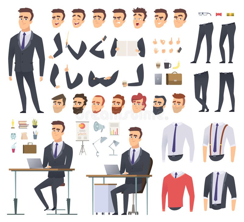 Manager creation kit. Businessman office person arms hands clothes and items vector male character animation project. Illustration of business man creation, body and emotion construction. Manager creation kit. Businessman office person arms hands clothes and items vector male character animation project. Illustration of business man creation, body and emotion construction