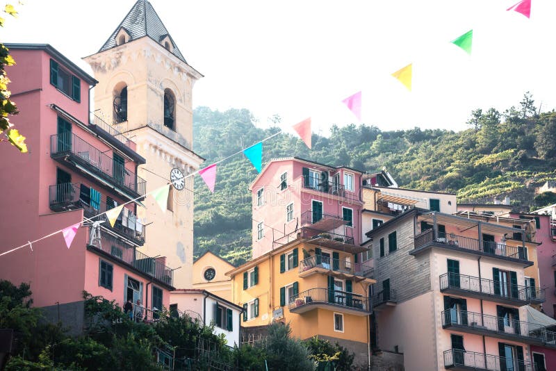 Manarola, Italy, La Spezia Province, Liguria Regione, 07 august, 2018: Colored houses on the streets of the fhishing village stock photos Manarola, Italy, La Spezia Province, Liguria Regione, 07 august, 2018: Colored houses on the streets of the fhishing village stock photos