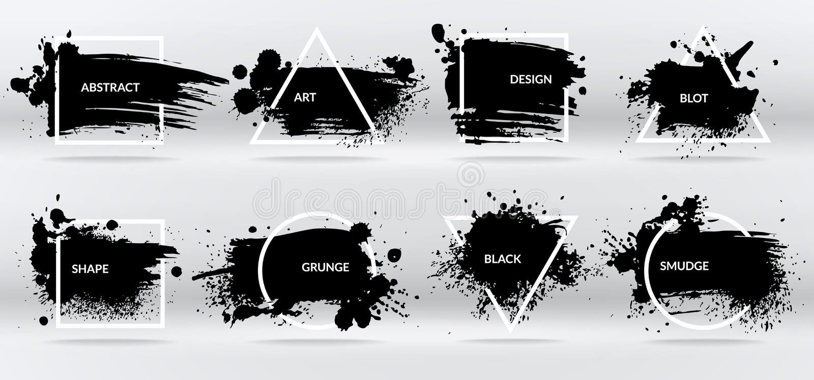 Manchas blancas /negras de la tinta Formas abstractas, marcos con textura negra del grunge de la pincelada Sistema aislado del ve Manchas blancas /negras de la tinta Formas abstractas, marcos con textura negra del grunge de la pincelada Sistema aislado del ve