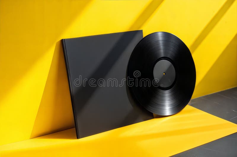 Manche en Vinyle noir clair et record contre fond jaune vif dans un cadre minimaliste image libre de droits