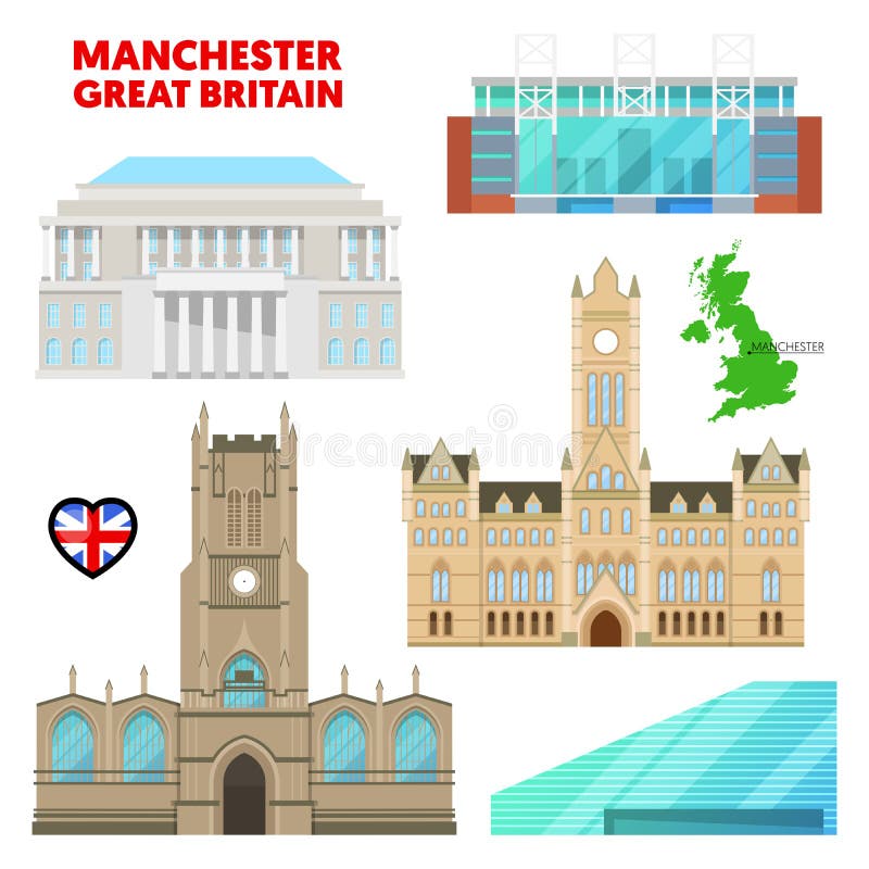 Manchester Travel Set with Architecture. Visit Great Britain. Vector illustration. Manchester Travel Set with Architecture. Visit Great Britain. Vector illustration